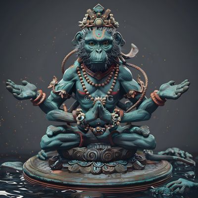 KI-generierte Skulptur eines Affengottes in meditativer Pose